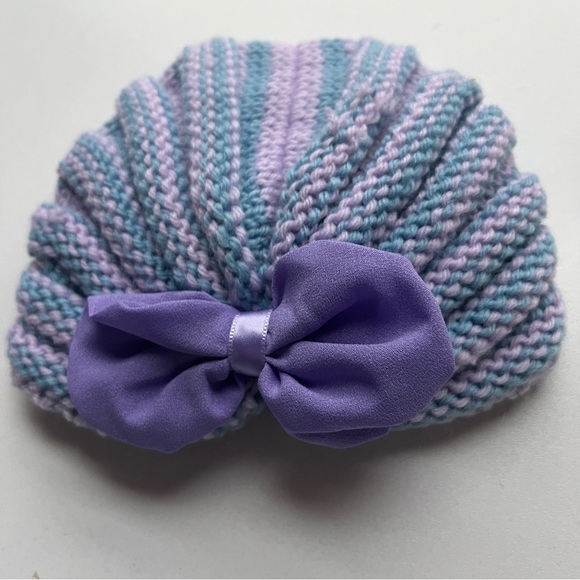 Purple and Blue Knitted Baby Hat with Bow - Picture 2 of 6